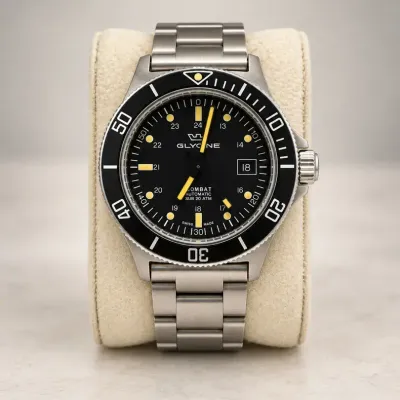 Glycine Combat Automatic Sub 20 ATM Swiss Made Diver Watch, Black Dial, Stainless Steel Bracelet