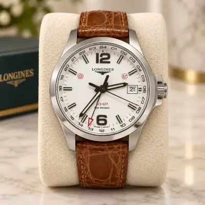 Longines Conquest V.H.P. GMT Stainless Steel Watch with Brown Leather Strap