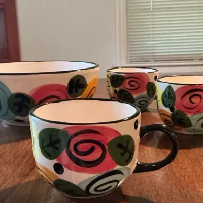 Pier 1 Imports Hand-Painted Mexican Pottery Swirl Bowl & Mugs Set
