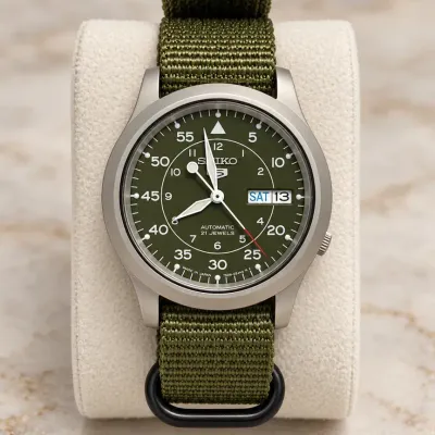 Seiko 5 Automatic 21-Jewel Military Field Watch with Olive Green Dial & Nylon Strap