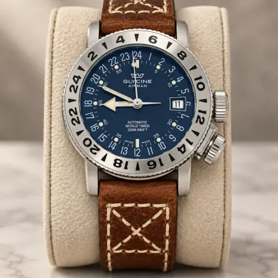 Glycine Airman Automatic World Timer 200M Swiss Watch with Brown Leather Strap