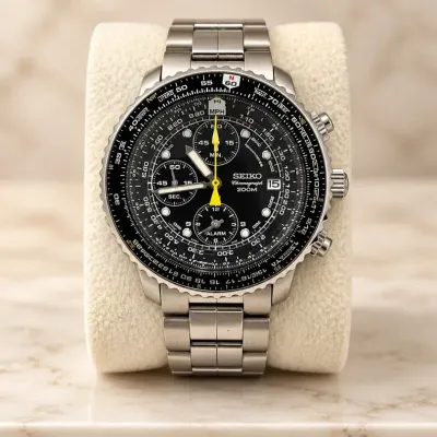 Seiko Flightmaster Chronograph 200M Stainless Steel Pilot Watch with Black Dial