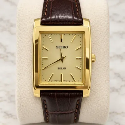 Seiko Solar Gold-Tone Rectangular Dress Watch with Brown Leather Strap, 5 Bar Water Resistant