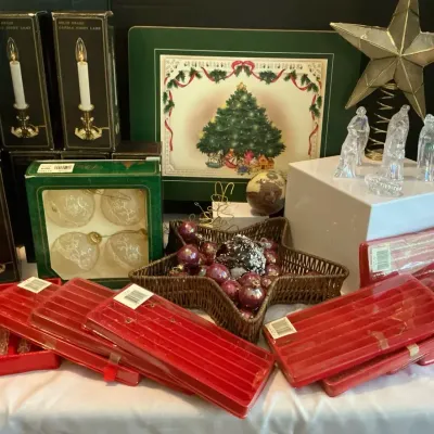 Vintage Christmas Placemats, Glass Ornaments, Wire Ornaments And Silvestri Glass Nativity,   