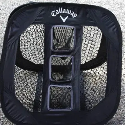 Callaway brand pop-up golf chipping net with three target pockets, constructed from black mesh and fabric.