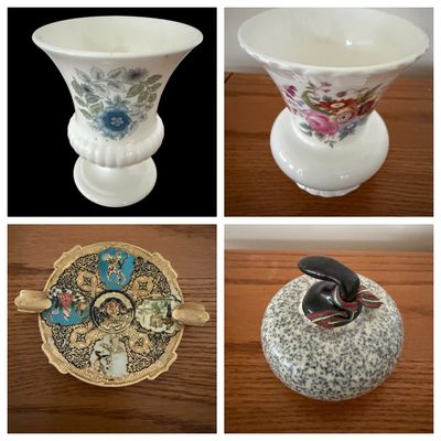 Sale Photo Thumbnail #4: Collage of four vintage decorative collectibles, featuring two floral porcelain urn-style vases, an ornate gold-tone metal ashtray, and a miniature ceramic curling stone paperweight.