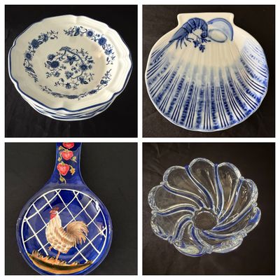 Sale Photo Thumbnail #5: Four-panel photo collage featuring ceramic and glass serving pieces, including blue and white floral bowls, a shell-shaped dish with a lobster graphic, a rooster spoon rest, and a swirl-patterned glass bowl with blue accents.