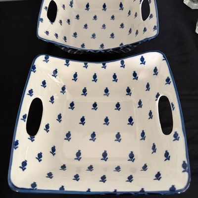 Sale Photo Thumbnail #18: Pair of square ceramic serving bowls featuring blue and white floral patterns with built-in side handles.