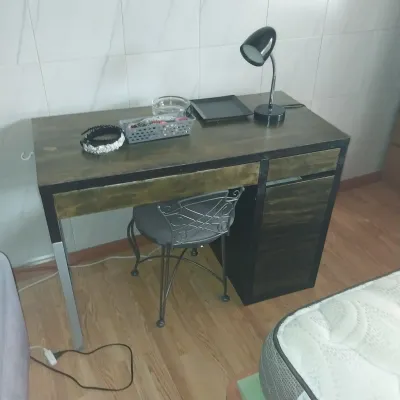 Sale Photo Thumbnail #29: Modern dark wood and black metal study desk with matching vanity chair and desktop accessories.