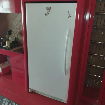 Sale Photo Thumbnail #11: White single-door upright refrigerator built into bright red kitchen cabinetry, adorned with small Paris-themed magnets.
