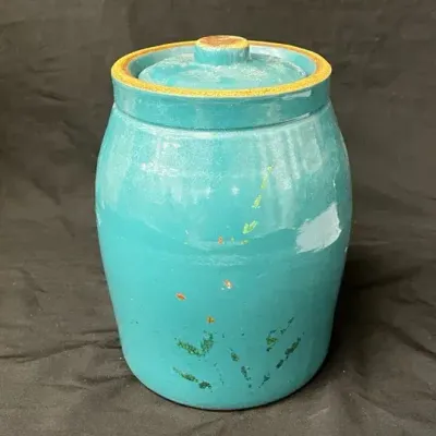 Vintage Teal Stoneware Cookie Jar With Lid