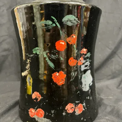 Vintage USA Pottery Black Floral Cookie Jar