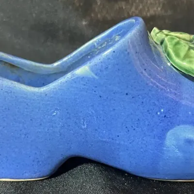 Vintage McCoy Blue Ceramic Shoe Planter With Pink Rose