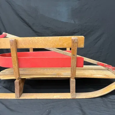 Vintage Wooden Snow Sled With Red Metal Steering Rails