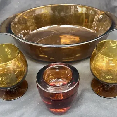 Vintage Anchor Hocking Amber Glass Bakeware & Glassware Lot