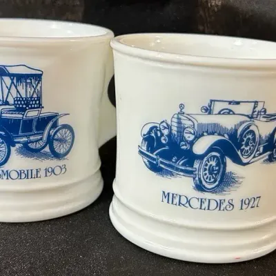 Two Vintage Surrey Milk Glass Automobile Shaving Mugs