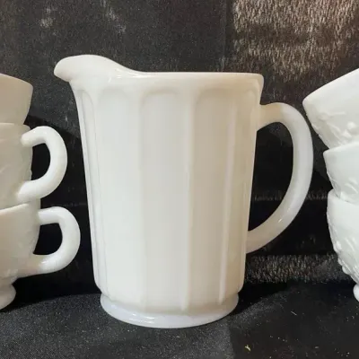 7-Piece Milk Glass Fruit Pattern Cups & Mini Pitcher