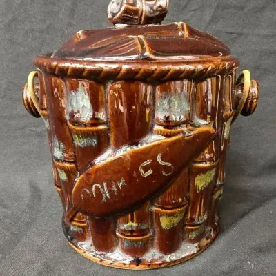 Vintage Japanese Redware Bamboo Cookie Jar With Lid
