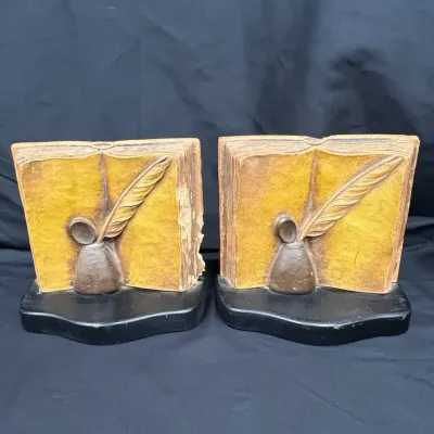 Vintage Syroco Wood Quill & Inkwell Bookends - Pair