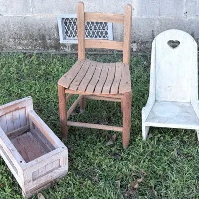 Vintage Wooden Children's Chairs & Doll Cradle - 3 Pieces