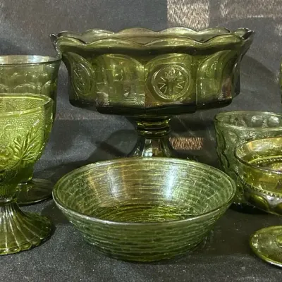 Vintage Olive Green Depression-Style Glassware Assortment