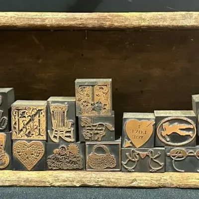 Vintage Letterpress Printing Blocks With Wooden Storage Box