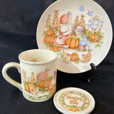 Vintage Country Kids Collector’s Dessert Plate, Mug And Coaster