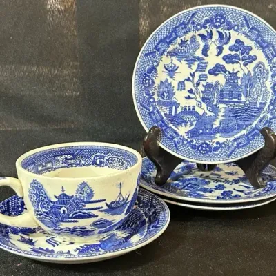 Vintage Blue Willow Plates, Teacup & Saucer – 5 Pieces