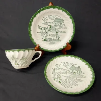 Vintage Royal USA Countryside Green & White Cups and Saucers - 11 Pieces