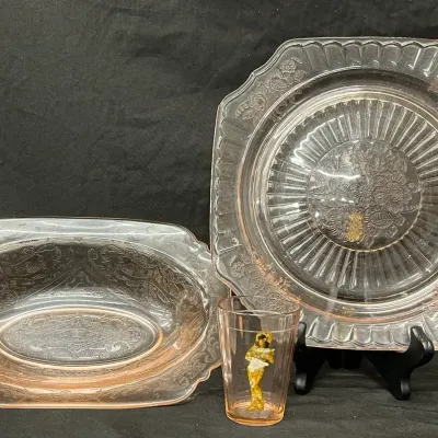 Vintage Pink Depression Glass Serving Dishes & Souvenir Tumbler - 3 Pieces