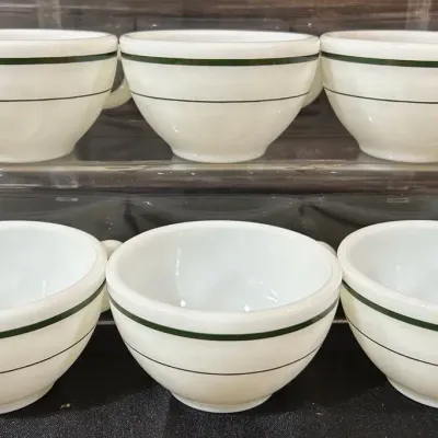 Six Corning Platonite Milk Glass Coffee Cups With Matching Bowl