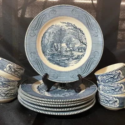 12-Piece Currier & Ives Blue and White Dinnerware Set