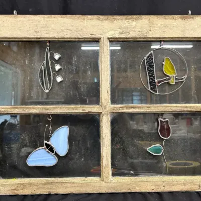 Vintage Four-Pane Wooden Window With Stained Glass Suncatchers