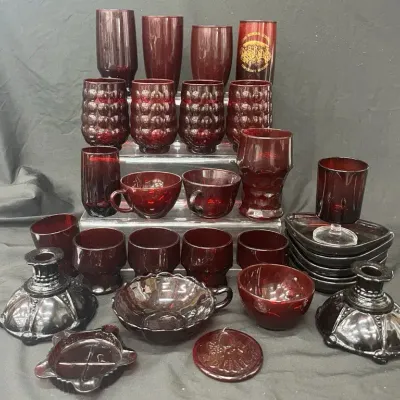 28-Piece Ruby Red Glassware Collection - Cups, Candleholders & More