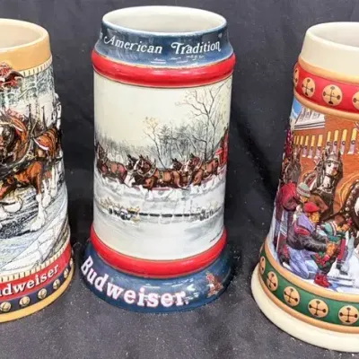 3 Vintage Budweiser Christmas Clydesdale Beer Steins - 1988, 1990 & Hometown Holiday