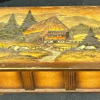 Vintage Black Forest Style Wooden Trinket Box - Hand-Painted Alpine Scene