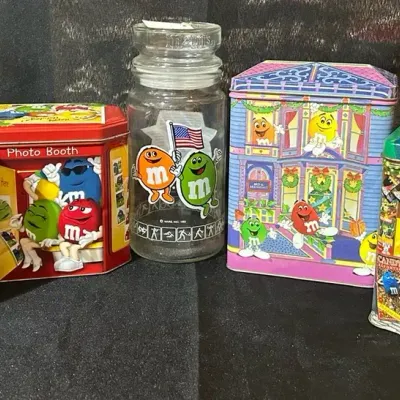 Vintage M&M's Christmas Tins & 1983 Glass Jar – 5 Pieces