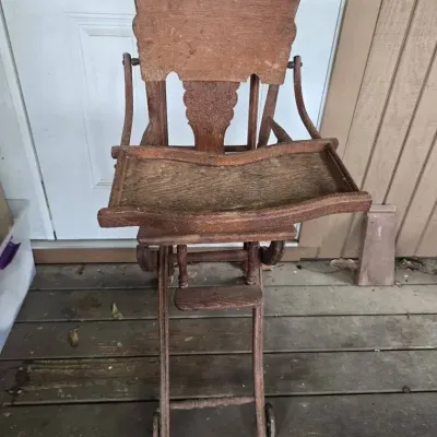 Antique Wooden Convertible High Chair With Wheels