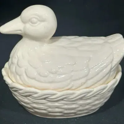 Vintage White Ceramic Duck on Nest Covered Dish