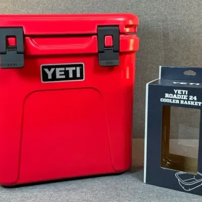Yeti Cooler In Red With Roadie 24 Cooler Basket