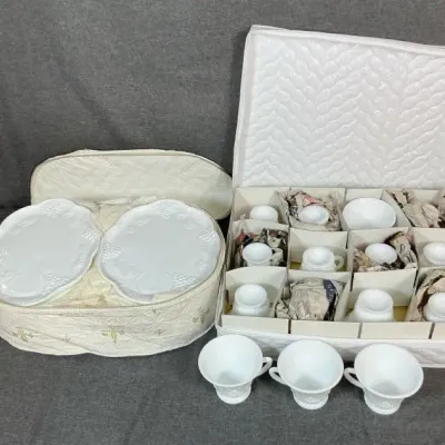 Elegant Milk Glass Tea Service with Embossed Pattern