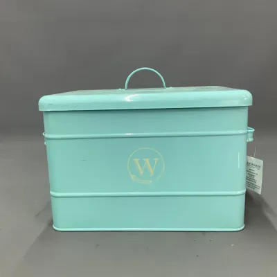Sale Photo Thumbnail #248: Vintage-style light turquoise Wolferman's metal bread box with top lid handle and side drop handles.