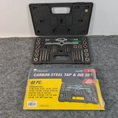 Sale Photo Thumbnail #87: Pittsburgh 40-piece carbon steel tap and die set, SAE sizes, in its original blow-molded storage case with box.