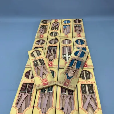 Sale Photo Thumbnail #216: Vintage Prince of Wales suspenders in original packaging, featuring various striped and patterned designs.
