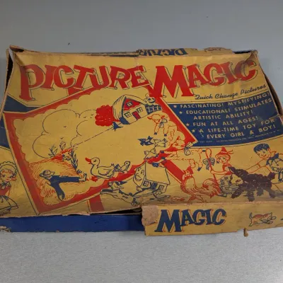 Sale Photo Thumbnail #185: Vintage Picture Magic quick-change pictures toy box from Da-Myco Products Co., featuring classic mid-century illustrated cover art with heavy wear and tearing.