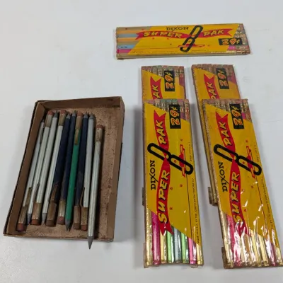 Sale Photo Thumbnail #428: Collection of vintage pencils, including multiple Dixon Super Pak packages and a box of mechanical drafting pencils.