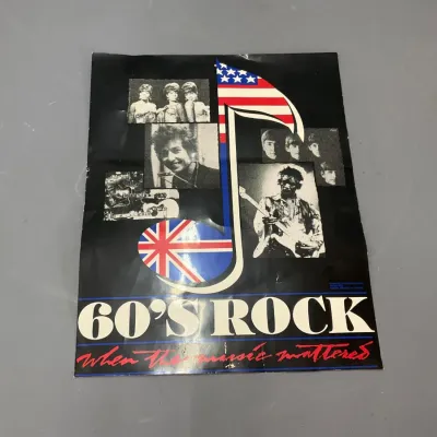 Sale Photo Thumbnail #265: Vintage 60's Rock promotional music poster featuring graphics of iconic 1960s artists including Bob Dylan, Jimi Hendrix, and The Beatles.