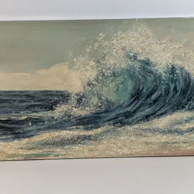 Sale Photo Thumbnail #35: Unframed ocean seascape painting depicting a large breaking wave, featuring textured impasto details for sea foam and spray.