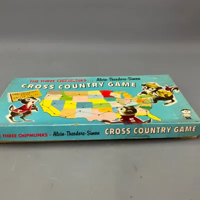 Sale Photo Thumbnail #224: Vintage 1959 The Three Chipmunks Alvin-Theodore-Simon Cross Country Game by Hassenfeld Bros (Hasbro), showing light wear on the box cover.