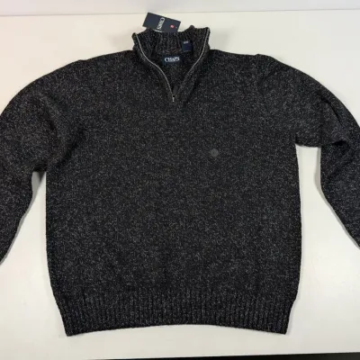Sale Photo Thumbnail #34: Chaps men's quarter-zip knit sweater in a black and grey marled pattern, featuring a ribbed collar, cuffs, and hem with original tags attached.
